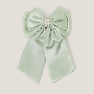 Long Pearl Satin Bow Hair Clip Green