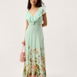 Aimee Floral Print Ruffle Maxi Dress Green