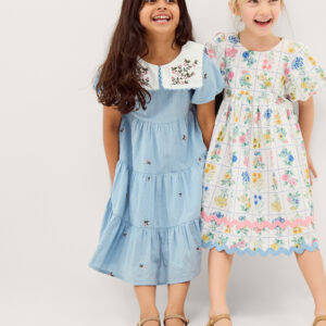 Floral Embroidered Collar Dobby Dress Blue