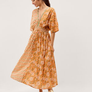 Carris Plunge Floral Midi Dress Orange