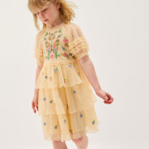 Embroidered Floral Scallop Tiered Dress Yellow