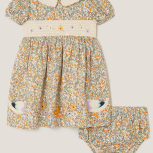 Baby Darcie Duck Smocked Dress & Knickers Set Yellow