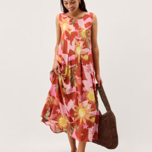 Anissa Sun Print Pleated Midi Dress Orange