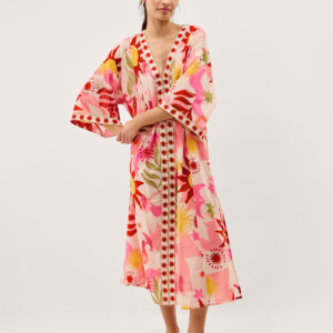Anissa Sun Print Midi Kaftan Ivory