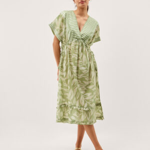 Lillie V-Neck Leaf Print Midi Dress Green