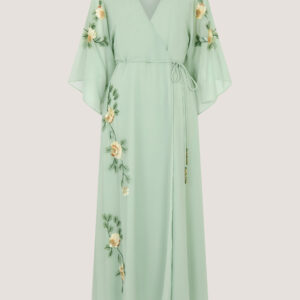Clara Floral Embellished Midi Wrap Dress Green