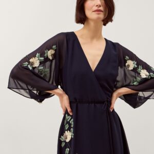 Clara Floral Embellished Midi Wrap Dress Blue