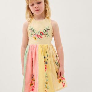 Camellia Floral Embroidered Cross Back Dress Yellow