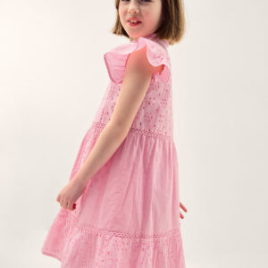 Flutter Sleeve Broderie Tiered Dress Pink