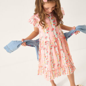 Frilly Floral Stripe Print Dress Pink