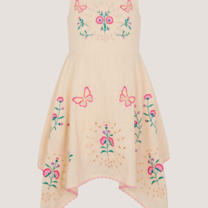 Butterfly Embroidered Hanky Hem Dress Ivory