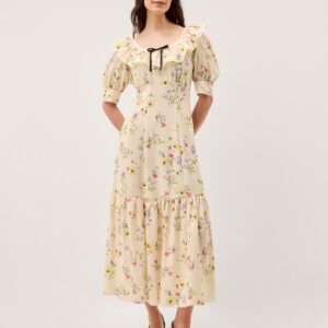 Sienna Frill Neck Floral Midi Dress Ivory