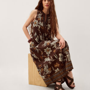 Esther Floral Linen Blend Midi Dress Brown