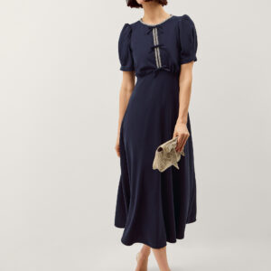 Bonnie Bow Puff Sleeve Midi Dress Blue