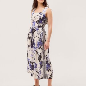 Nicolette Floral Linen Blend Midi Dress Blue