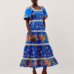 Mona Puff Sleeve Floral Midi Dress Blue