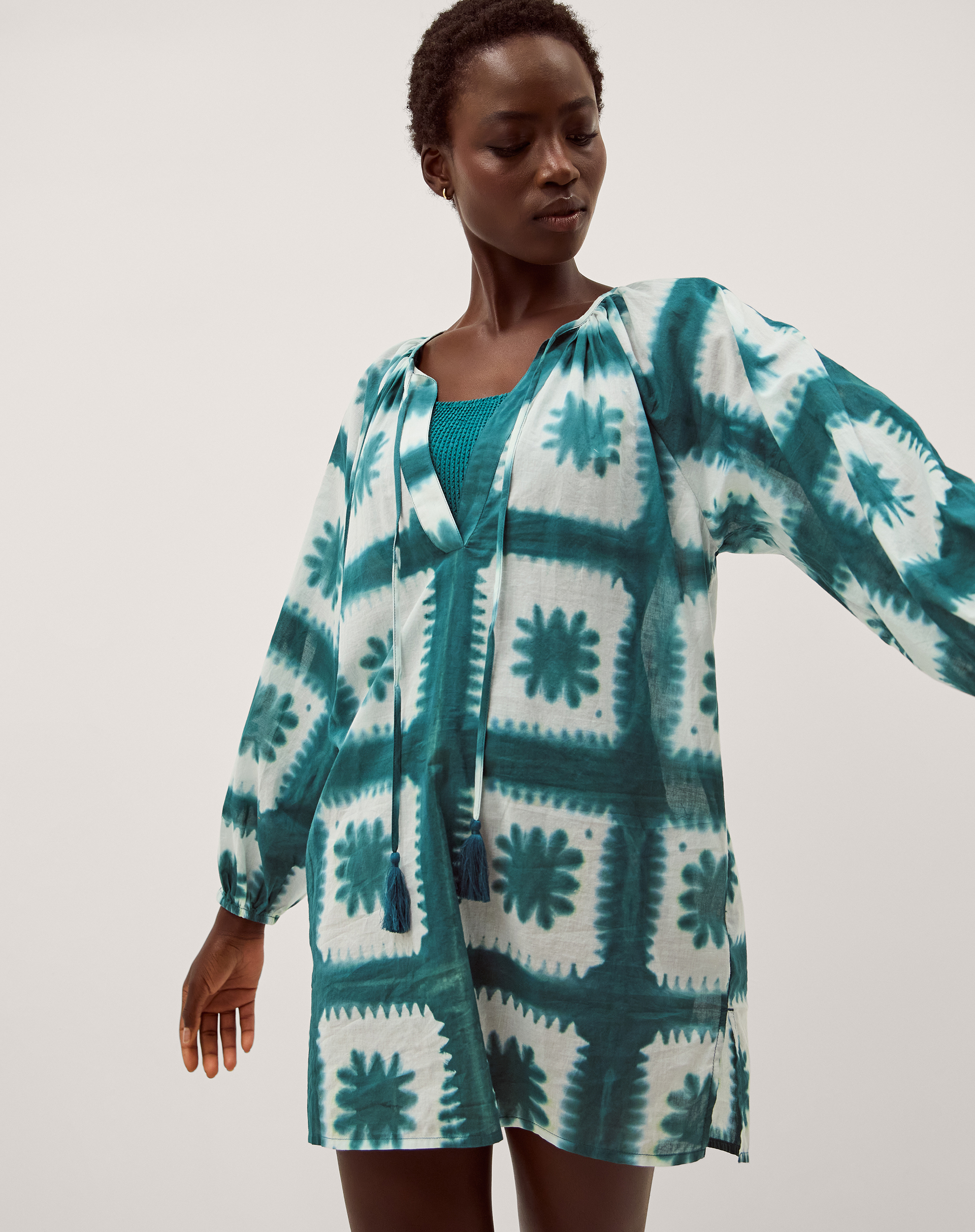 Malia Artisanal Print Mini Kaftan Teal