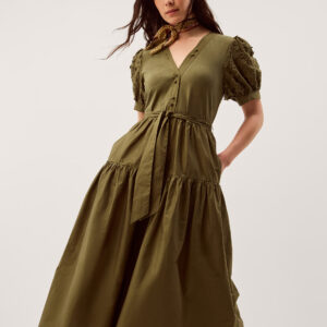 Fawn Appliqué Puff Sleeve Midi Dress Green