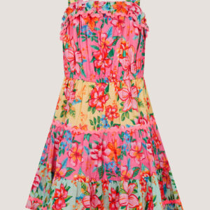 Tropical Flower Print Scallop Trim Dress Pink