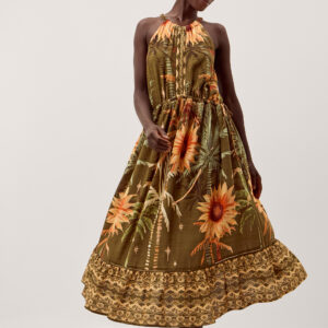 Fallon Sleeveless Tropical Print Midi Dress Green