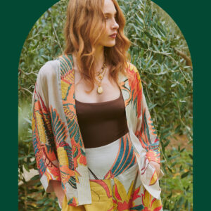 One Hundred Stars Crane Print Kimono Jacket Natural