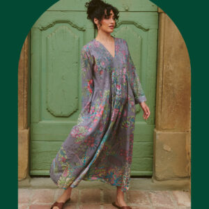 One Hundred Stars Boho Garden Print Midi Dress Grey