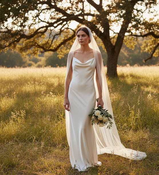 Minimalist slip wedding dress in outdoor setting — the Carolyn Bessette Kennedy-inspired look