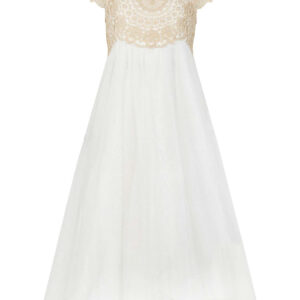 Monsoon Girls Gold & Cream Lace Embroidered Estella Sparkle Square Neck Occasion Dress, Size: 12-13 Years