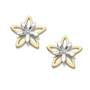9ct Gold Two Colour Flower Stud Earrings - 8mm